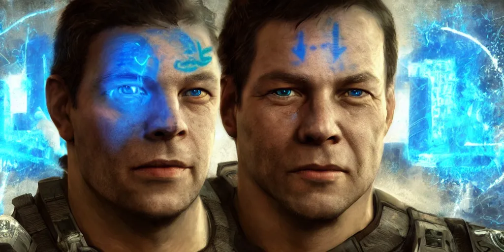 Prompt: phil spencer wild great portrait, microsoft cinematic lighting, glowing blue runes, concept art, with tattoos wearing tactical gear, intricate lights, high detailed face, 4 k,