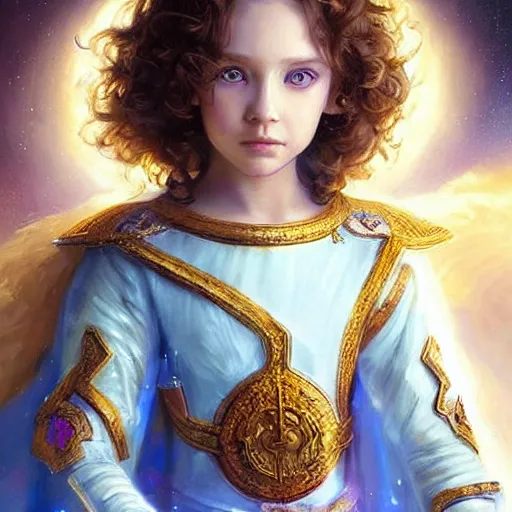 Image similar to a little girl with short wavy curly light brown hair and blue eyes, a space empress in byzantine style. beautiful highly detailed face, painting by artgerm and greg rutkowski and raymond swanland.