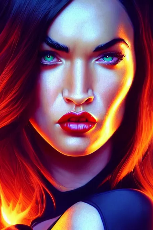 Image similar to pixar woman megan fox marvel dark pheonix | soft creamy polished decadent alluring fiery ornate masterpiece | weta disney movie still portrait photo | sci fi, fantasy, film, 8 k, highly detailed, artstation, realism | beeple, artgerm, mucha, wlop, loish |