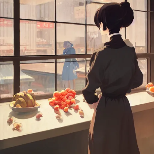 Image similar to a photography of a woman Grocer with frock,looks like Ziyi Zhang ponytail, grocery store around，winter,anime style character, clean soft lighting, backlit beautiful face, Oil painting, by Ilya Kuvshinov, Greg Rutkowski and Makoto Shinkai