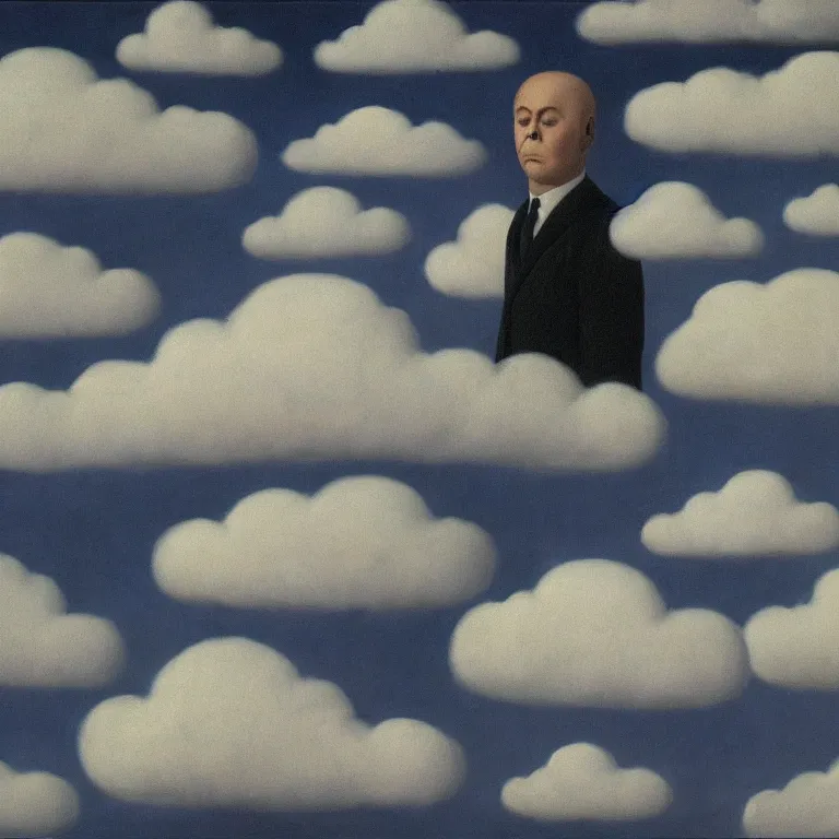 Image similar to portrait of a scary creepy ghost death, clouds in the background, by rene magritte, detailed painting, distance, middle centered, hd, hq, high resolution, high detail, 4 k, 8 k