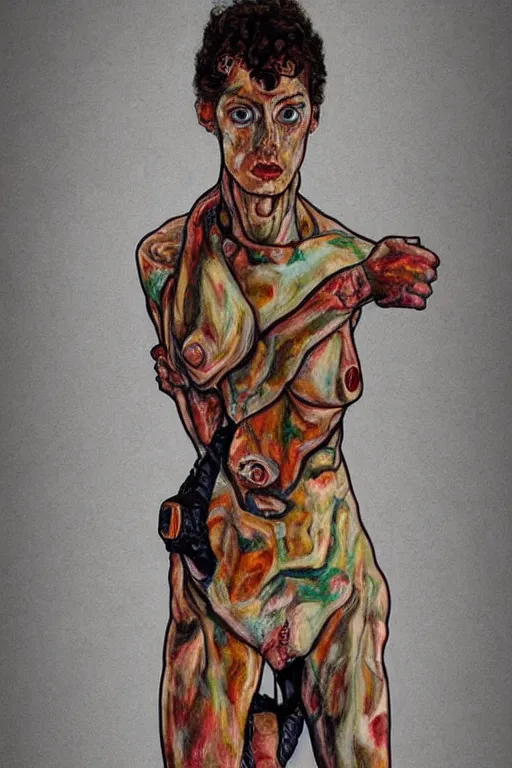 Prompt: a full body character with lifted arms in style of egon schiele, masterpiece, hyperdetailed, complex, intricate, veiled, 4 k, dynamic!! trending on artstation,