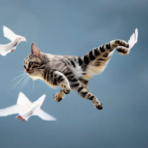 Image similar to award winning nature photo of a flying cat with dove wings, 4k, sharp, corrected