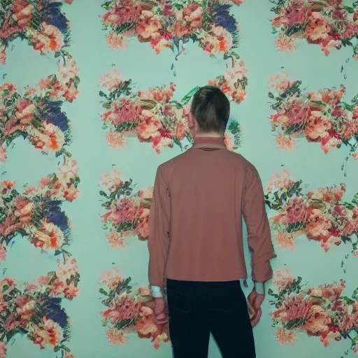 Image similar to kodak portra 4 0 0 photograph of a skinny blonde guy standing in front of floral wallpaper, back view, moody lighting, telephoto, 9 0 s vibe, blurry background, vaporwave colors, faded!,