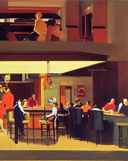 Image similar to crowd of people in a bar in the style of Francis Bacon and Edward Hopper. Strange interior living room with lots of people, surreal. Art by Syd Mead and Frank Lloyd Wright