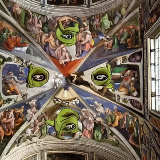 Image similar to pepe the frog in the sistine chapel fresco