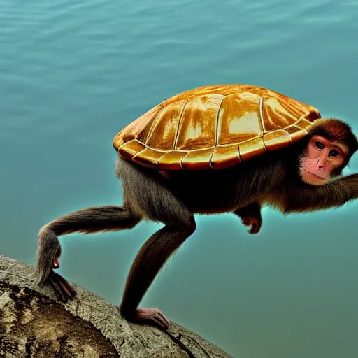 Image similar to nature photograph of a monkey sitting on the back of a turtle. national geographic