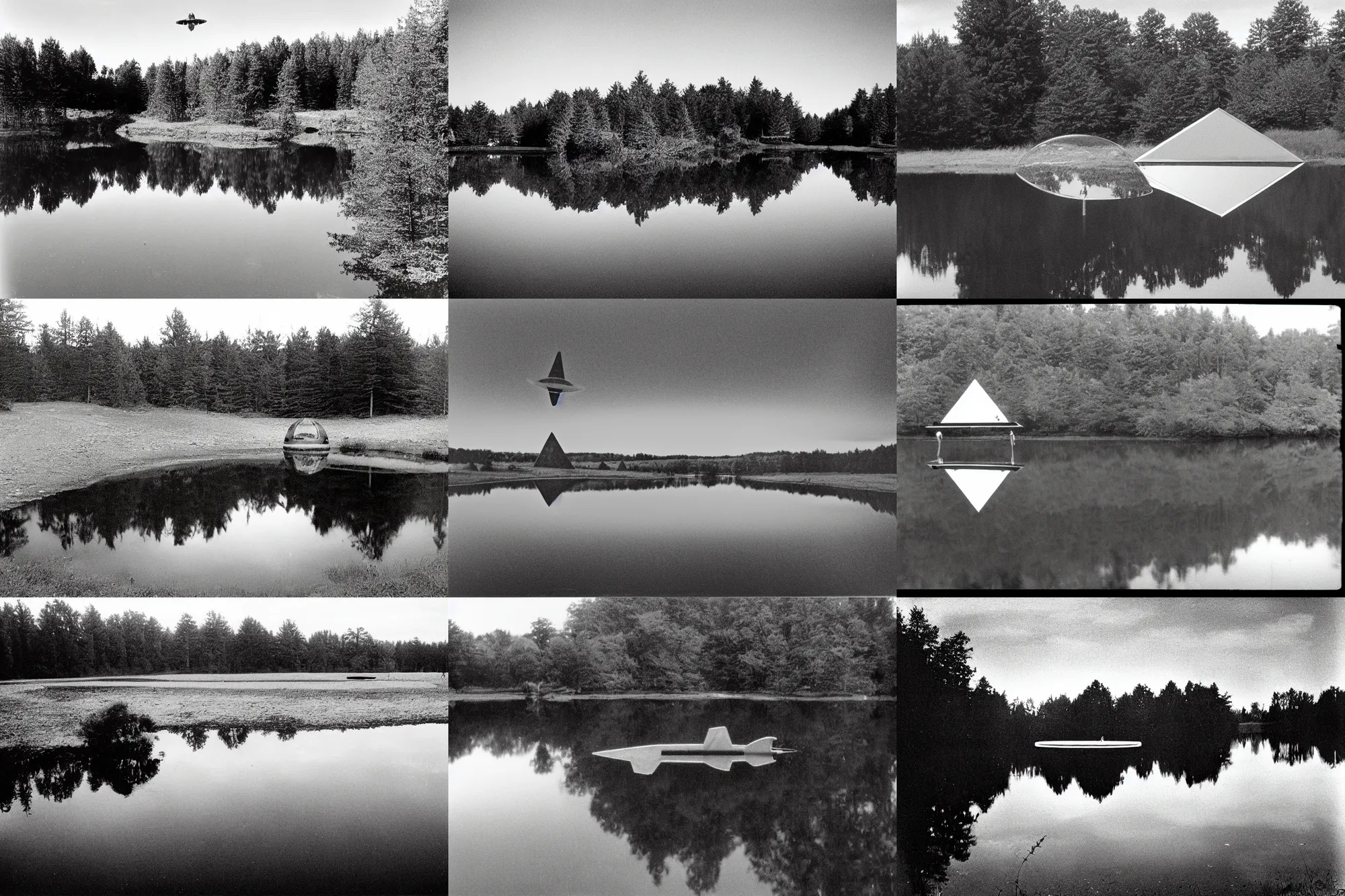 Prompt: still pond, mirror water, triangle rock, small harrier jet flying, rhomboid mechanical ufo, film grain, 3 5 mm lens, classified government archive