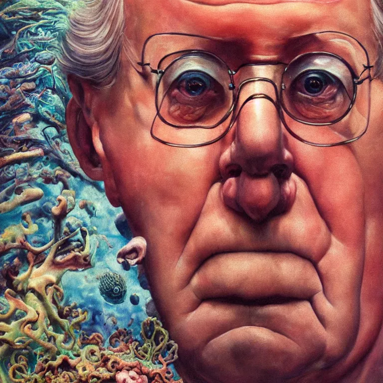 Prompt: Hyperrealistic intensely colored close up studio Photograph portrait of deep sea bioluminescent Senator Mitch McConnell, symmetrical face realistic proportions eye contact tentacles, Smiling in a coral reef underwater, award-winning portrait oil painting by Norman Rockwell and Zdzisław Beksiński vivid colors high contrast hyperrealism 8k