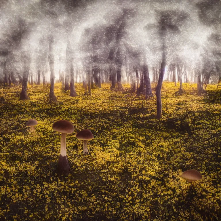 Image similar to a planet of various fungus like trees, mushrooms, flowers and plants, artistic photography, conceptual, long exposure outside the city, volumetric light