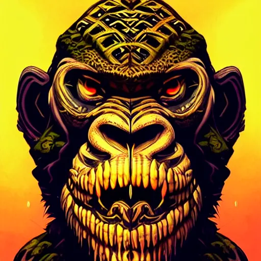 Image similar to barong family member, wiwek, mara demon, one single tribe member, jungle, one single mask, dark, ancient warrior, gorilla, lizard, tribal, inner glow, art by dan mumford and justin gerard