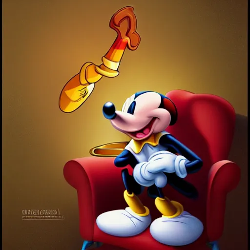 Image similar to mickey mouse holding a giant joint while sitting on a couch in a messed up apartment, stoned eyes, smoke, beautiful digital art, amazing detail, artstation, award winning, sharp