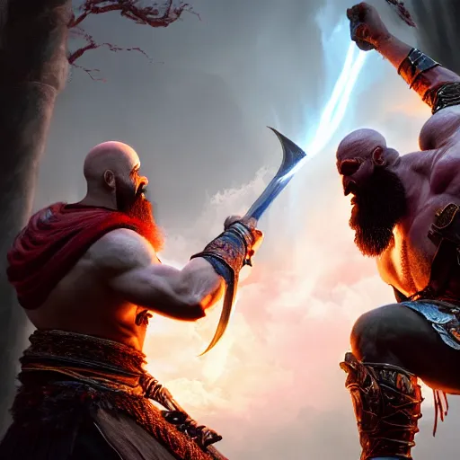 Prompt: Kratos fighting with Zeus in hellheim, God of War, extremely detailed digital painting, in the style of Fenghua Zhong and Ruan Jia and jeremy lipking and Peter Mohrbacher, mystical colors, rim light, beautiful Lighting, 8k, stunning scene, raytracing, octane, trending on artstation