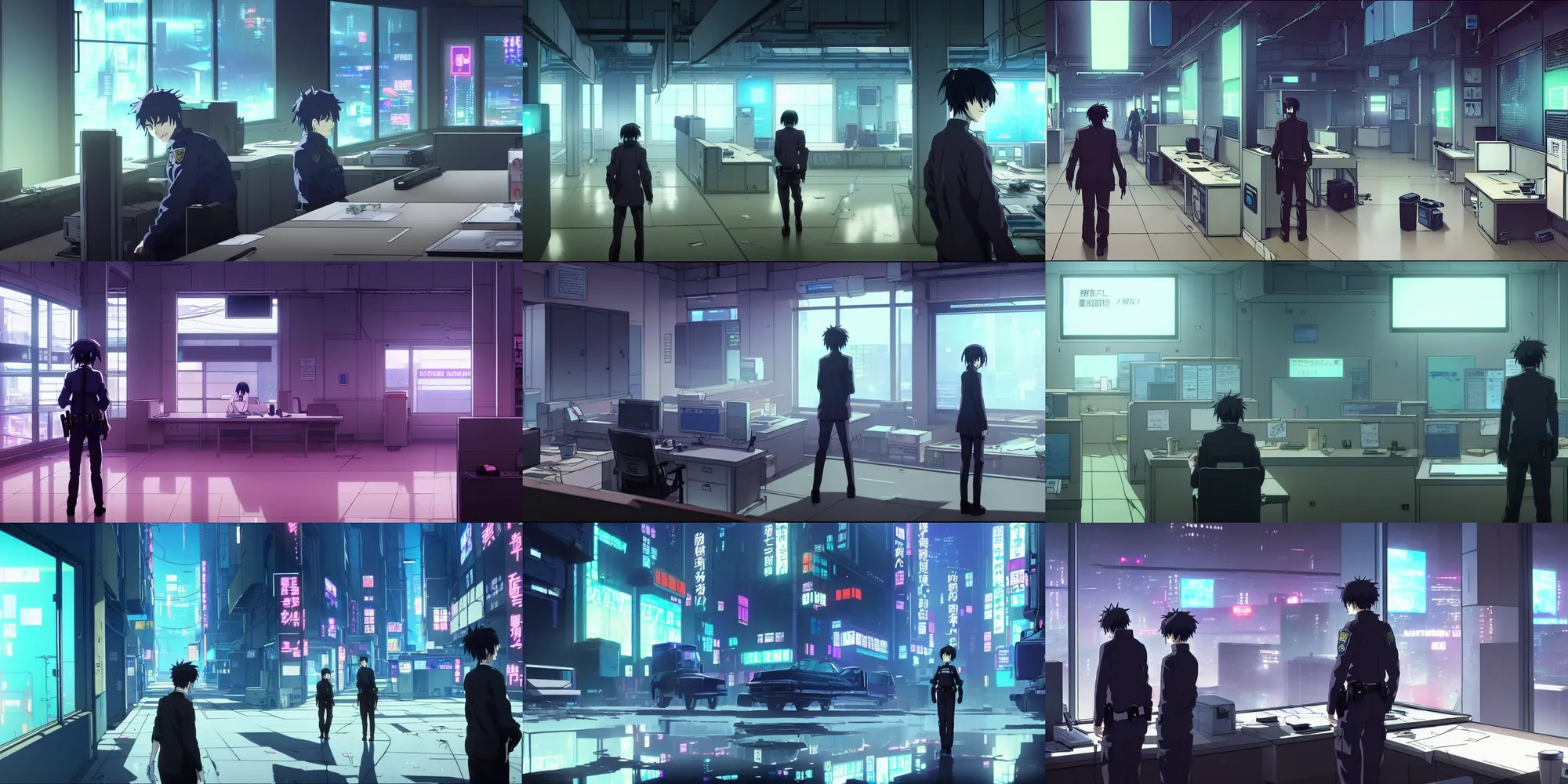 Prompt: a highly detailed atmospheric empty quiet quiet after hours cyberpunk police office office (posters on the walls) in the cyberpunk neon noir anime film, Shichiro Kobayashi and makoto shinkai, screenshot in the anime series ergo proxy and Detroit metal city