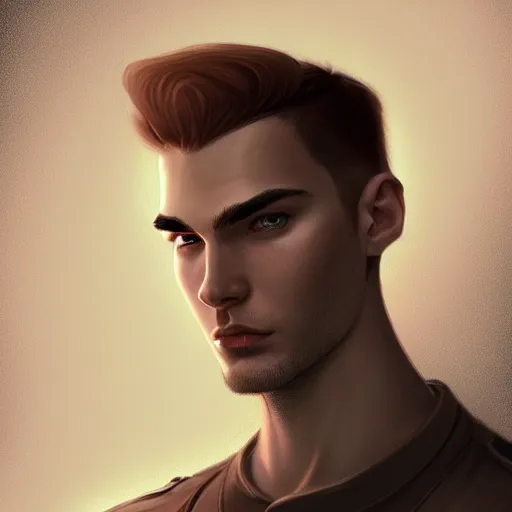 Prompt: tall chunky man in his twenties with brown blond short regular haircut and round facial structure with cleft chin, straight eyebrows, slightly smiling, cheekbones, straight nose, wider face, shadow of beard, atmospheric lighting, painted, intricate, 4 k, highly detailed by charlie bowater