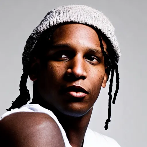 Image similar to asap rocky as a depressed junkie crackhead with a bucket of fish on his head