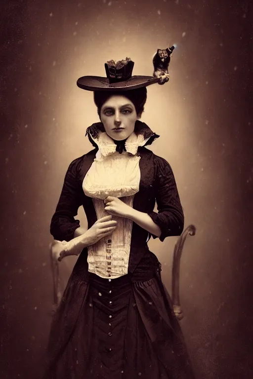 Image similar to wet plate photograph, portrait of an anthropomorphic cat, dressed as a victorian - era woman, dramatic lighting, highly detailed, digital painting, artstation, concept art, smooth, sharp focus, illustration, art by wlop, mars ravelo and greg rutkowski