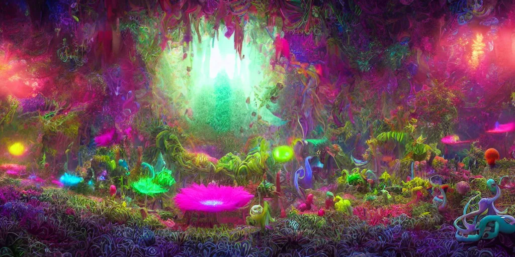 Prompt: an incredibly hyper realistic organic world of irridescent beings in the style of dr. seuss by hr. geiger, cinematic colors, behance contest winner, global illumination, radiant light, detailed and intricate environment