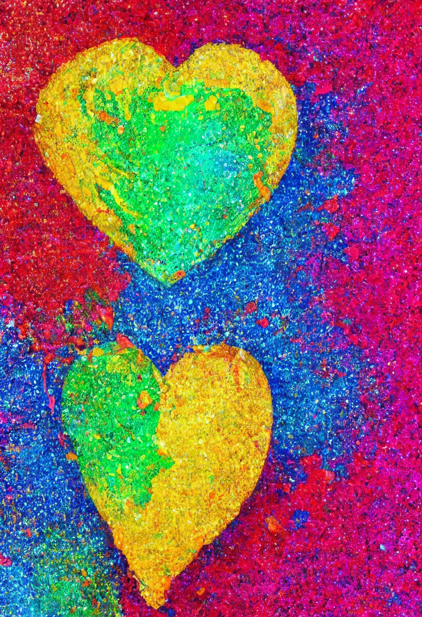 Image similar to high detailed painting of a heart made of splashing liquids and thick paints falling on glitter, 8 k rendering