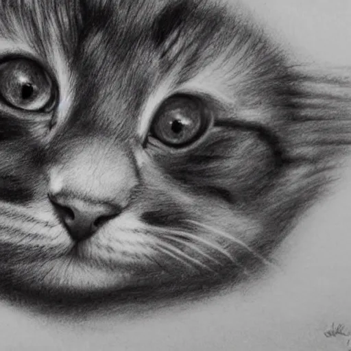 Image similar to a pencil drawing of a kitten, in the style of salvador dali
