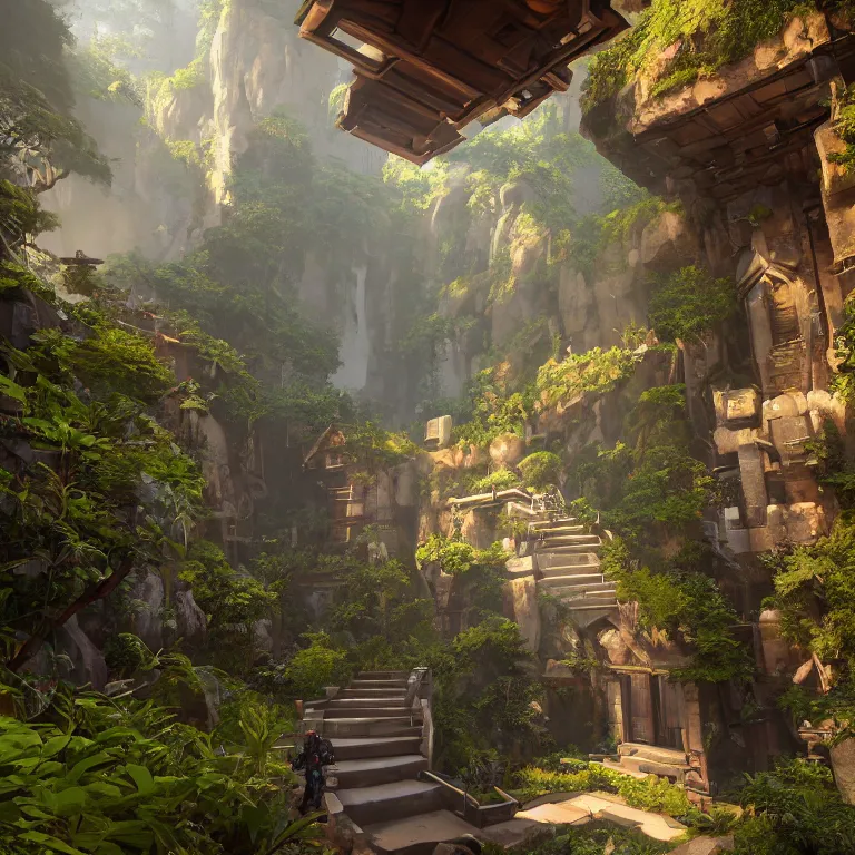 Prompt: secret overwatch hallway for living quarters carved inside a mountain surrounding a lush garden, trimmed, magical, natural light, cozy, fantasy, minimalist architecture, sharp focus, concept art, by greg rutkowski and craig mullins,, octane render 8 k