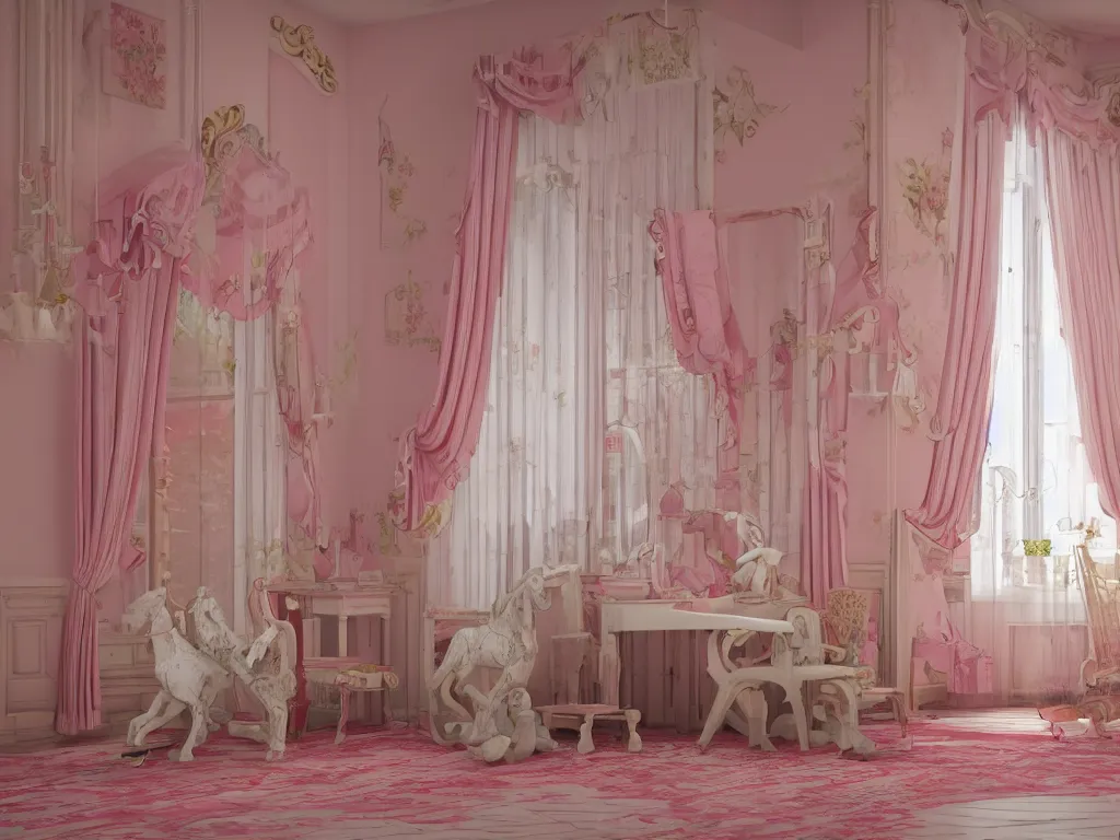 Prompt: 3D render of vintage interior house with very large pink curtains and toys on the floor and a rocking horse in the middle, High detail, Octane Render, faded colors, pastel colors