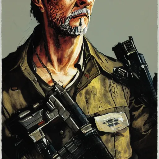 Image similar to portrait of a hero holding his gun in front of his face by yoji shinkawa, high quality, extra details, realism, ornate, colored, golden chain, blood, white skin, short hair, brown eyes, vivid, sunlight, dynamic, american man, freedom, white american soldier, painting