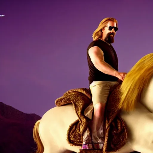 Image similar to big lebowski riding a unicorn, cinematic lighting, award winning photography