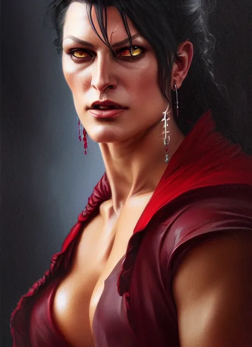 Image similar to portrait of cindy landolt as a vampire lord, jewelry, greek, ruby, intricate, headshot, highly detailed, digital painting, artstation, concept art, sharp focus, cinematic lighting, illustration, art by artgerm and greg rutkowski, alphonse mucha, cgsociety