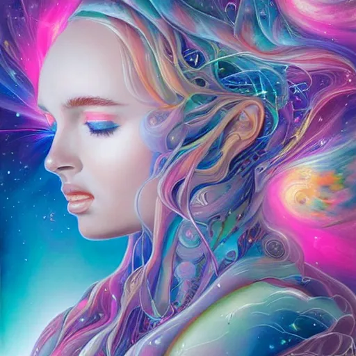 Image similar to a galaxy colored psychedelic chakra awakening kundalini ethereal portrait of kim petras with her eyes closed transcending to a higher plane of existence, eternal blessing, multiverse, by android jones, by ben ridgeway, visionary art, by artgerm, featured on artstation, cgsociety, by greg rutkowski