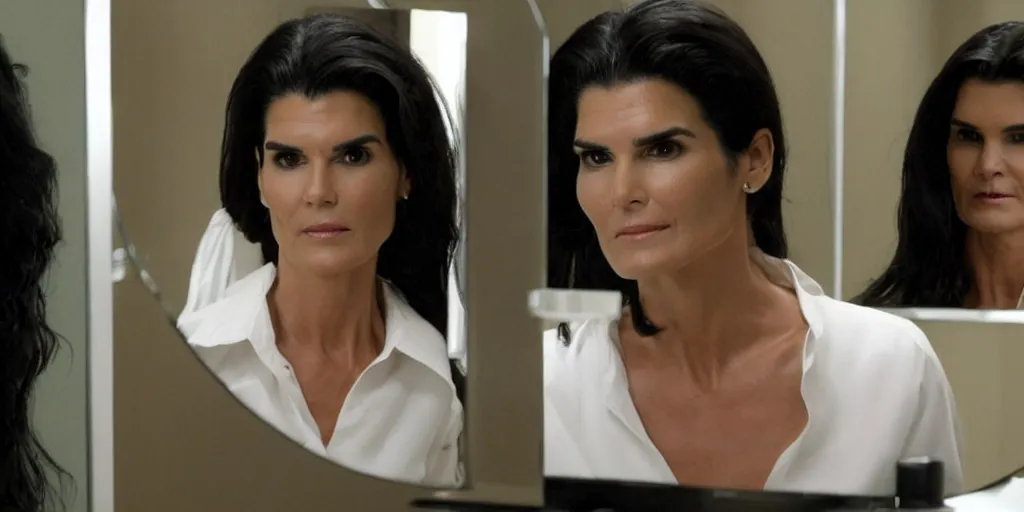 Image similar to ultra wide angle color photo of angie harmon dressed in a white blouse and black dress pants as jen walters looking at herself in a bathroom mirror and seeing her reflection as the green skinned she hulk