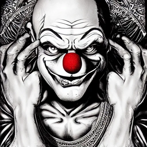 Image similar to 4K headshot of godlike clown with clown nose and defined arms and open hands and bloody clothes with giant mandala wings , intricate runny clown face make-up , flawless anime cel animation by Kentaro Miura, psychedelic , highly detailed upper body , professionally post-processed , beautiful, scary, symmetry accurate features, epic, octane rendered, anime masterpiece, accurate