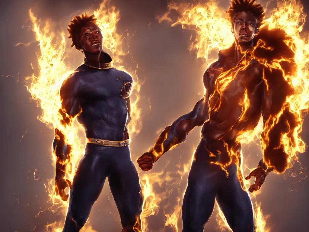 Prompt: full body cinematic, a handsome African American Johnny Storm young male superhero of the fantastic four with flaming brown dreadlocks hair, photorealistic, cinematic, high detail, dramatic lighting, unreal engine, octane render, 8k