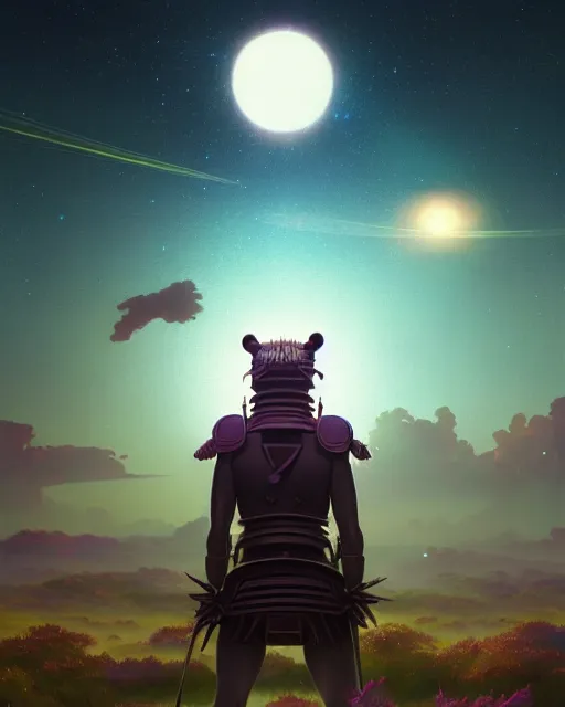 Prompt: highly detailed surreal vfx portrait of a metallic chromatic samurai bear in front of planets filled sky, stephen bliss, unreal engine, greg rutkowski, loish, rhads, beeple, makoto shinkai and lois van baarle, ilya kuvshinov, rossdraws, tom bagshaw, alphonse mucha, global illumination, detailed and intricate environment