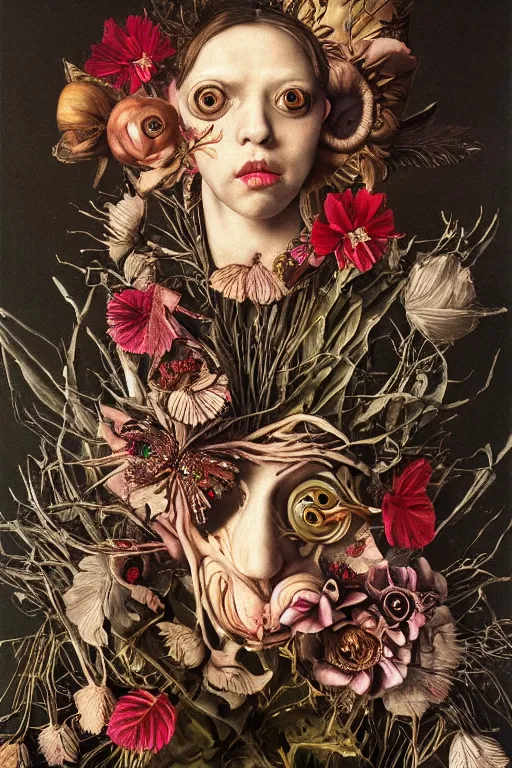 Prompt: Detailed maximalist portrait with large lips and large eyes, exasperated expression with an existential dread of love, botanical, extra hands, HD mixed media, 3D collage, highly detailed and intricate, surreal illustration in the style of Caravaggio, dark art, baroque