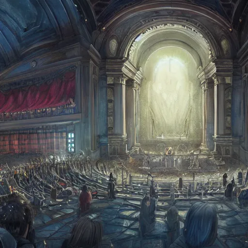 Image similar to the opera house at lviv in hell, inferno, panorama, highly detailed, full body, digital painting, trending on artstation, concept art, sharp focus, illustration, art by artgerm and greg rutkowski and magali villeneuve