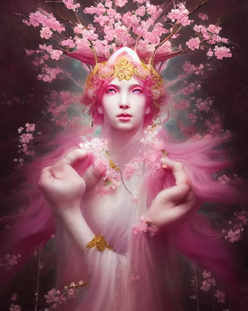 Image similar to Full View Portrait Mystical ethereal Cherry blossom deity made of Sakura blossoms wearing beautiful dress, Sakura Dryad made of Sakura beautiful dress with pink hair, 4k digital masterpiece by Greg Rutkowski and Ruan Jia and rossdraws, Alberto Seveso, fantasycore, Hyperdetailed, realistic oil on linen, soft lighting, Iconography background, featured on Artstation