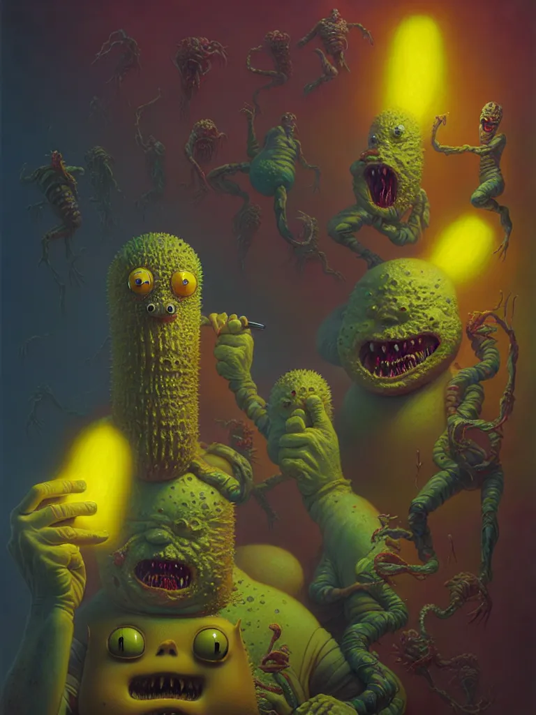 Prompt: hyperrealistic rendering, fat smooth john carpenter flesh monster spongebob by donato giancola and greg rutkowski and wayne barlow and zdzisław beksinski, product photography, action figure, sofubi, studio lighting, colored gels, colored background