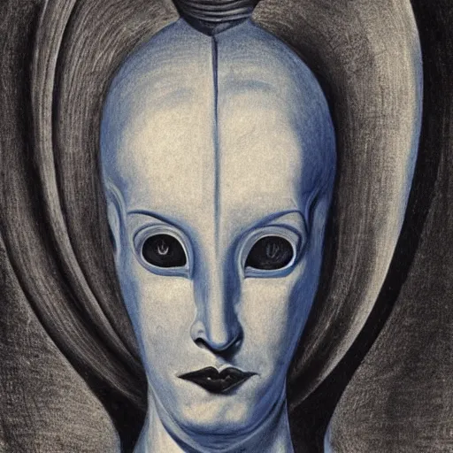 Image similar to Close-up of the cenobite woman, pencil drawing. El Greco, Remedios Varo, Salvador Dali, Carl Gustav Carus, John Atkinson Grimshaw. Blue tint. Symetrical, logo, geometric shapes.