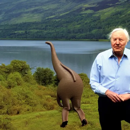 Image similar to Sir David Attenborough at Loch Ness looking at the Loch Ness Monster