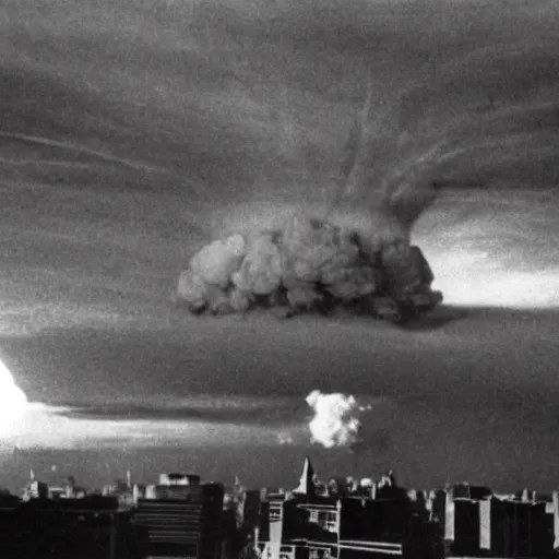 Image similar to dark photo of a nuclear explosion in new york in the year 1 9 5 1, black and white