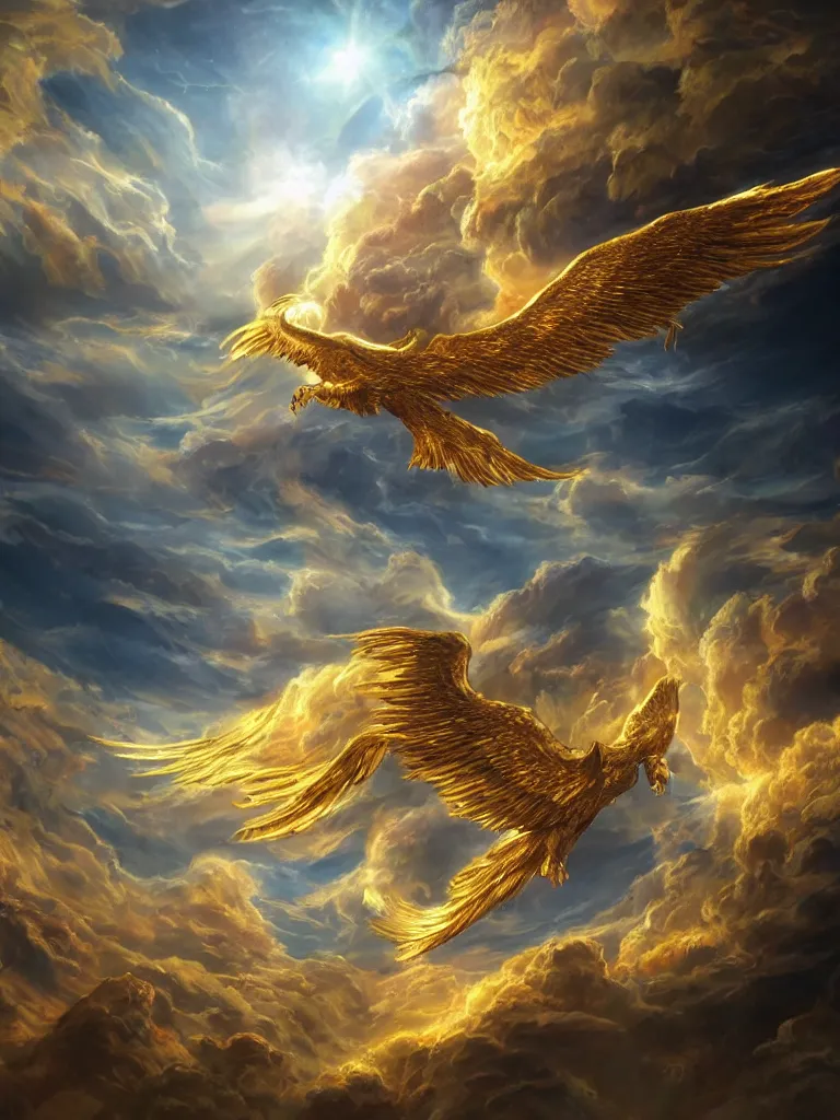 Prompt: A golden phoenix soaring in the clouds, A beam of holy light hits the phoenix，fantasy matte painting，cg concept design，Illustrations， rich colors, high details，light effect，by Fenghua Zhong and Huang Guangjian ,trending on cgsociety and artstation，8kHDR，