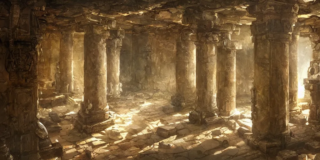 Prompt: deadly traps, ancient temple, pillars, tomb raidar, indiana jones, altar, traps, from inside a temple, temple run, painted by greg rutkowski
