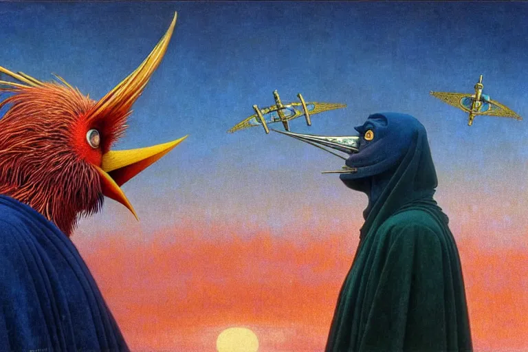 Image similar to realistic detailed portrait movie shot of a birdman wearing a dark robes, sci fi city landscape background by denis villeneuve, amano, yves tanguy, alphonse mucha, ernst haeckel, max ernst, roger dean, masterpiece, rich moody colours, dog teeth, blue eyes, sunset