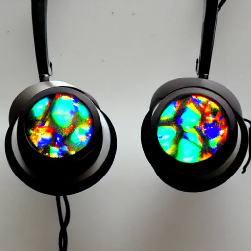 Prompt: futuristic headphones made of boulder opal, glowing, clean futuristic design, nixie tube accents, sacred, angelic, divine, museum lighting