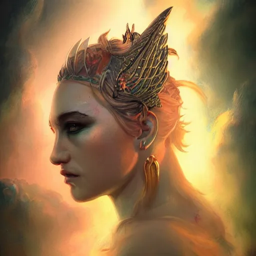 Image similar to goddess portrait, tattoo, unicorn, phoenix head, intricate artwork Tooth Wu, Greg Rutkowski, RPG, dynamic lighting, fantasy art, high contrast, depth of field, high detail, smooth gradients