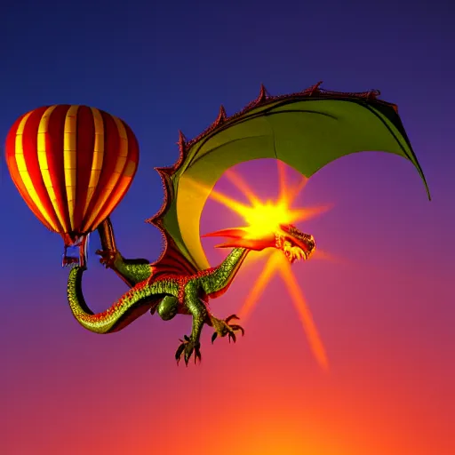 Prompt: 3D render of a medieval flying dragon attacking a hot air balloon during sunset, extremely detailed, 4K