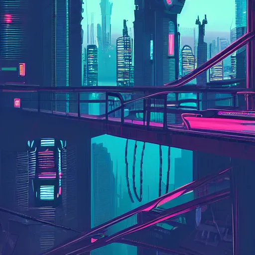 Image similar to a man standing on top of a bridge over a city, cyberpunk art by James Gilleard, cgsociety, retrofuturism, synthwave, cityscape, 2d game art