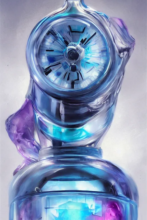 Image similar to concept art of a rolex - star wars liquid dietary supplement in a transparent bottle filled with blue magenta iridescent liquid, by aenaluck, artgerm and roberto ferri and greg rutkowski, blue and white tones, digital painting, artstation, concept art, smooth, sharp foccus ilustration hq