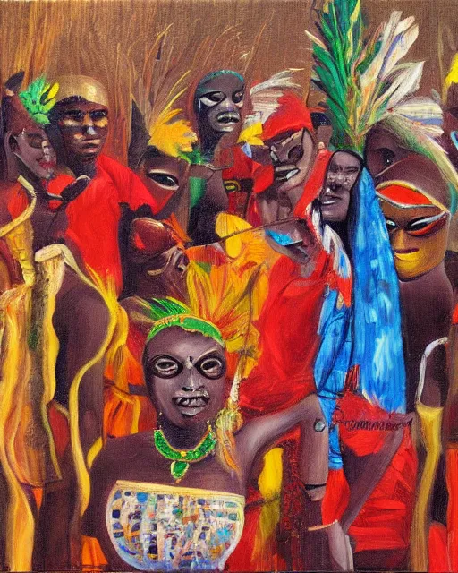 Image similar to Burkina Faso masquerade, painting by Toni Toscani, oil on canvas